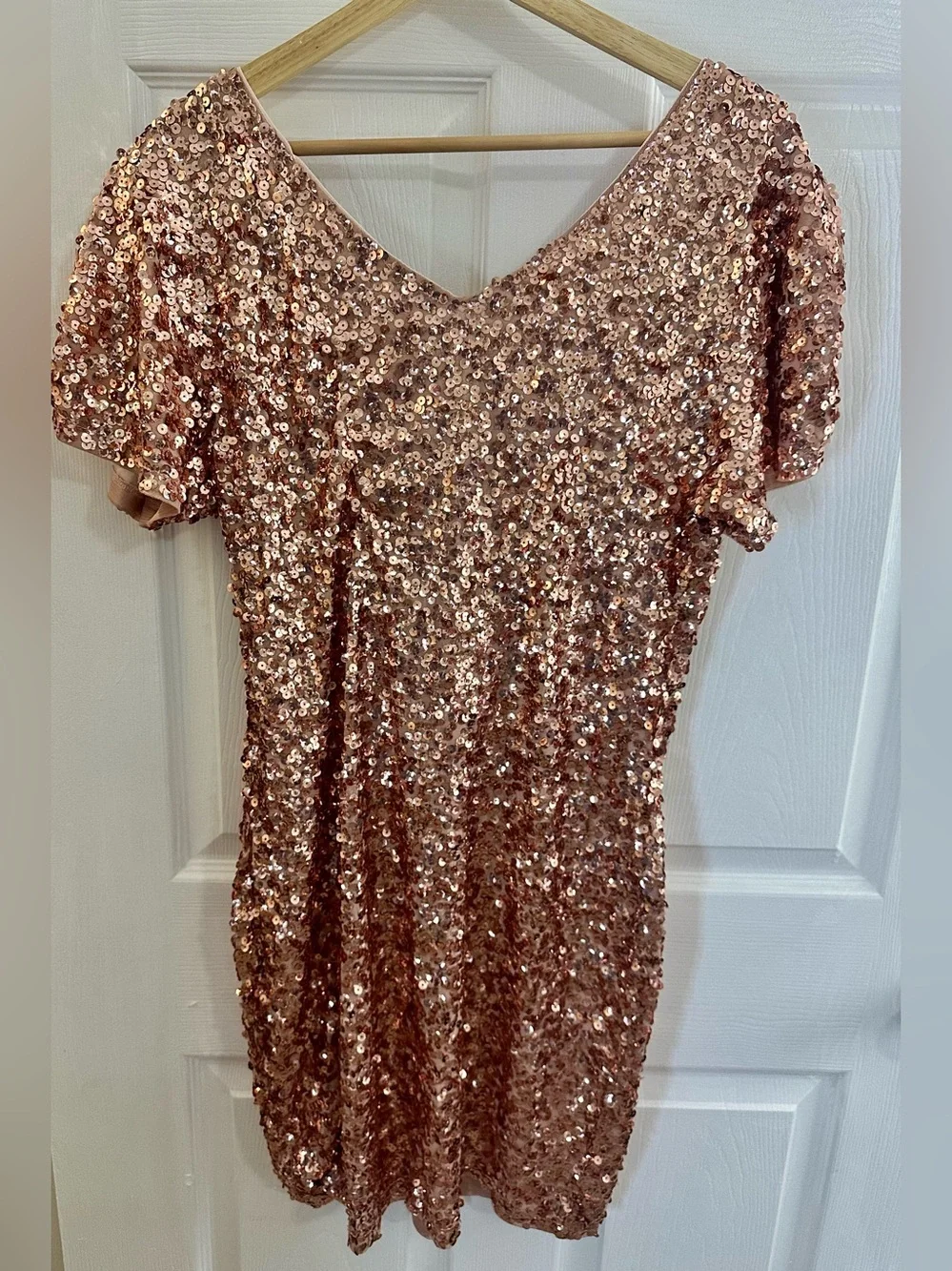 Cocktail Party Sequin V-Neck Short Sleeve Rose Gold Dress Anna-Kaci - Picture 2 of 3
